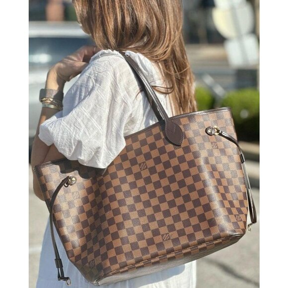 Authentic Louis Vuitton Neverfull MM Purse Damier Ebene Tote Shoulder Bag Red - Picture 1 of 14